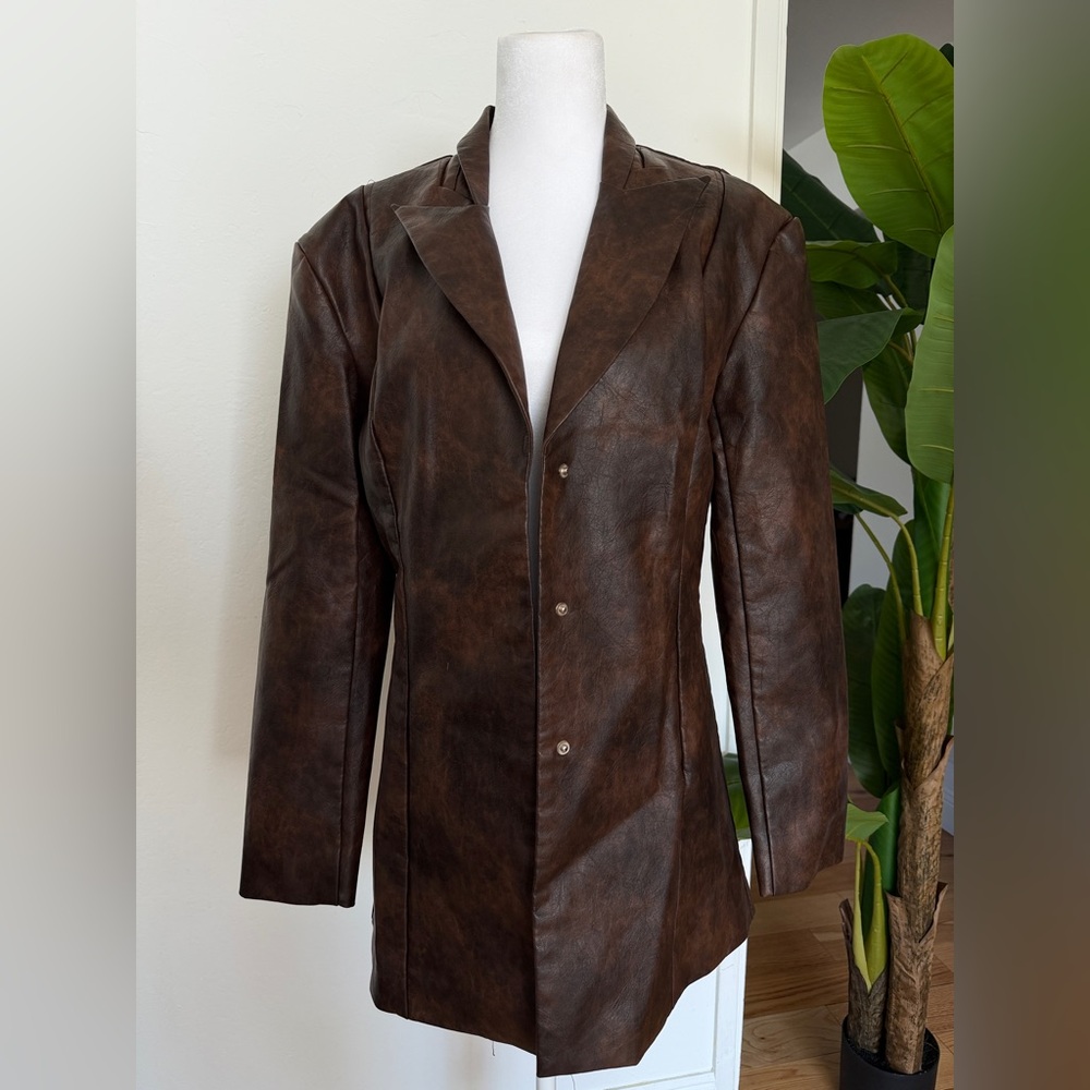 Fashion Nova Brown Faux Leather Longline Jacket
